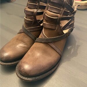 freebird Brown Leather Strappy Ankle Booties with Cutout Details size 8 women